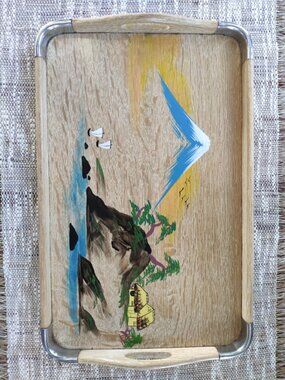 VTG Wooden Mount Fuji Serving Tray with Metal Corners Hand Painted MCM Retro